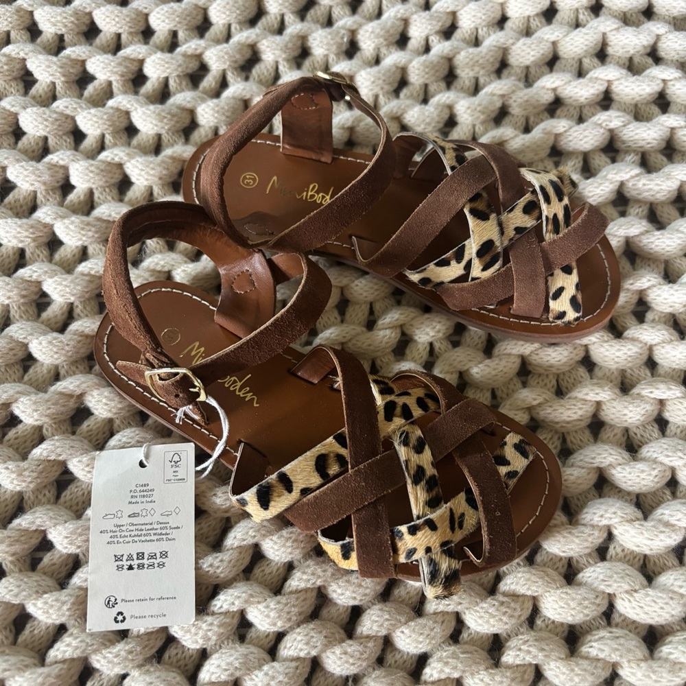 NEW Mini Boden size 31 Brown and Leopard Print Kids Sandals